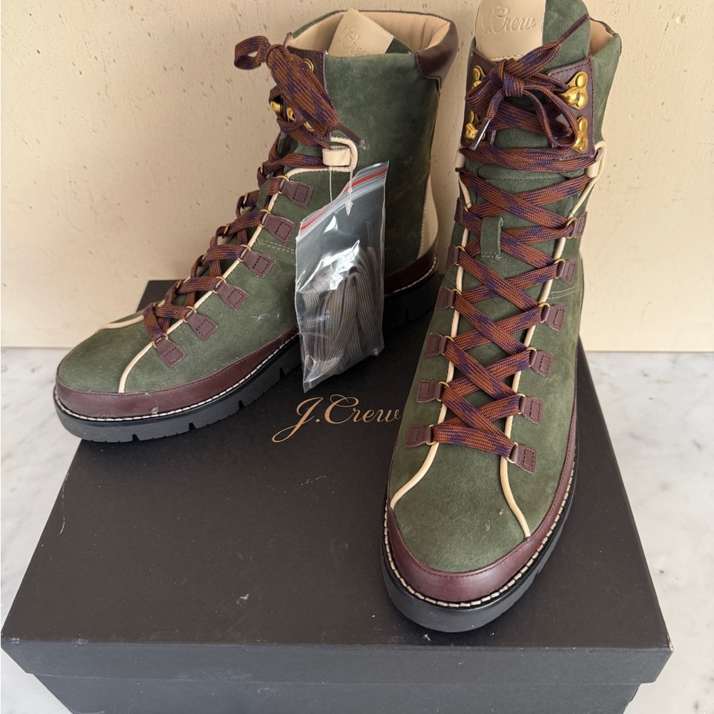 J. Crew Women's Green and Brown Lace-Up Boots NIB